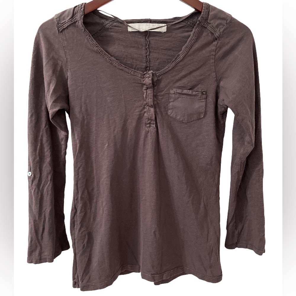ZARA Basic Brown Henley Scoop Neck Button Long Sleeve Top Women Small EUC